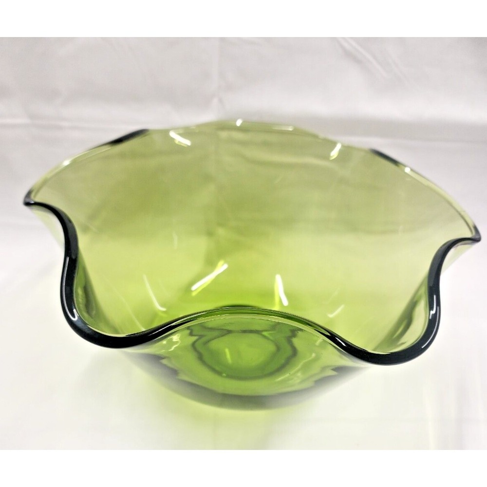 Vintage Anchor Hocking Green Wavy Rim Large Serving Bowl 1960s